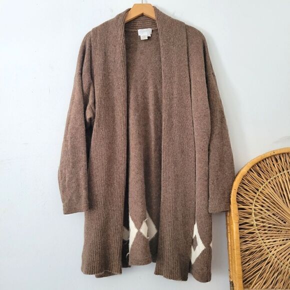 Apart Lambswool/Angora Cardigan Sweater Diamond Pattern Heather Brown/Cream M - Picture 1 of 8